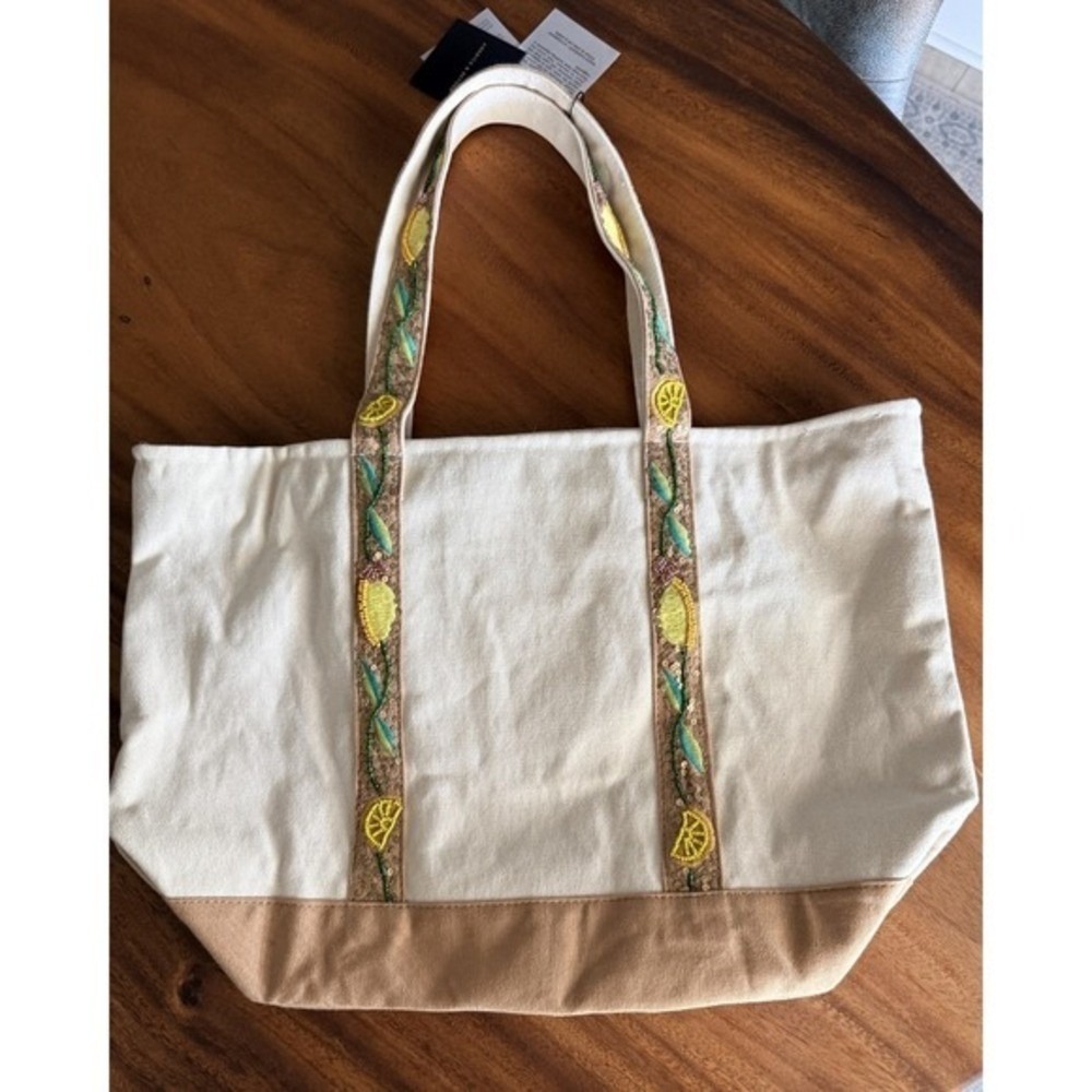 America & Beyond Beaded Lemon Canvas Tote Bag Cream Tan NWT - Picture 9 of 9